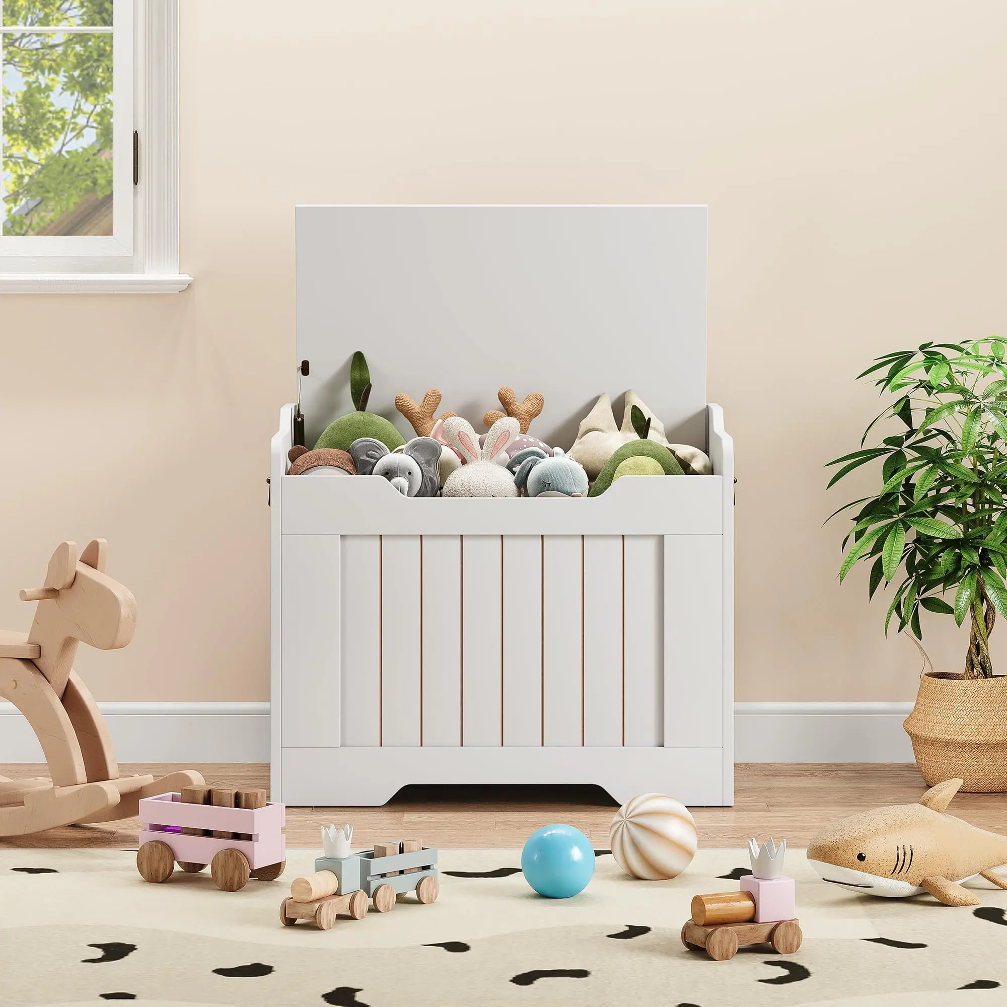 Garvee Storage Bench, 24.8" Storage Chest with Lid, Farmhouse Blanket Chest with Safety Hinge,Storage Trunk for Entryway, Living Room, Bedroom, White