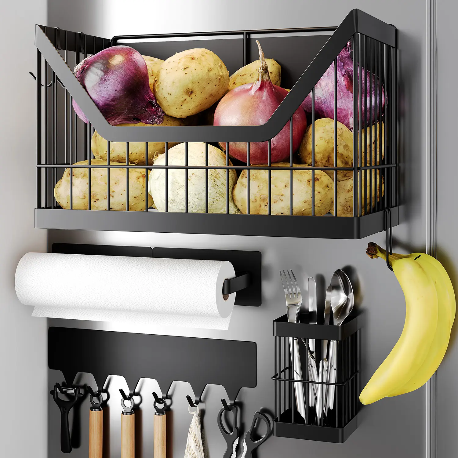 Nieifi Black Magnetic Fridge Shelves (4-Pieces) - Storage Baskets with Towel Holder & Hooks for Kitchen, Pantry, Laundry, Office (Strong Magnet Organizer)