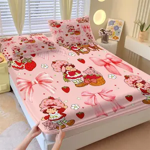 Strawberry Shortcake Theme Fitted Sheet Set, Including 1 Fitted Sheet & 2 Pillowcases, Cute Pink Bow & Strawberry Print, Adorable Design, Cozy Bedroom Decor, Perfect Bedroom Gift for Cartoon Lovers