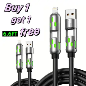 [Buy 1 Get 1 Free] 4-in-1 Multi Charging Cable 6.6ft, 65W Fast Charging & Data Sync Cord with USB A Type C Lightning Port, LED Breathing Light Universal Charger Cable for iPhone 16/15 iPad Pro All Smart Devices