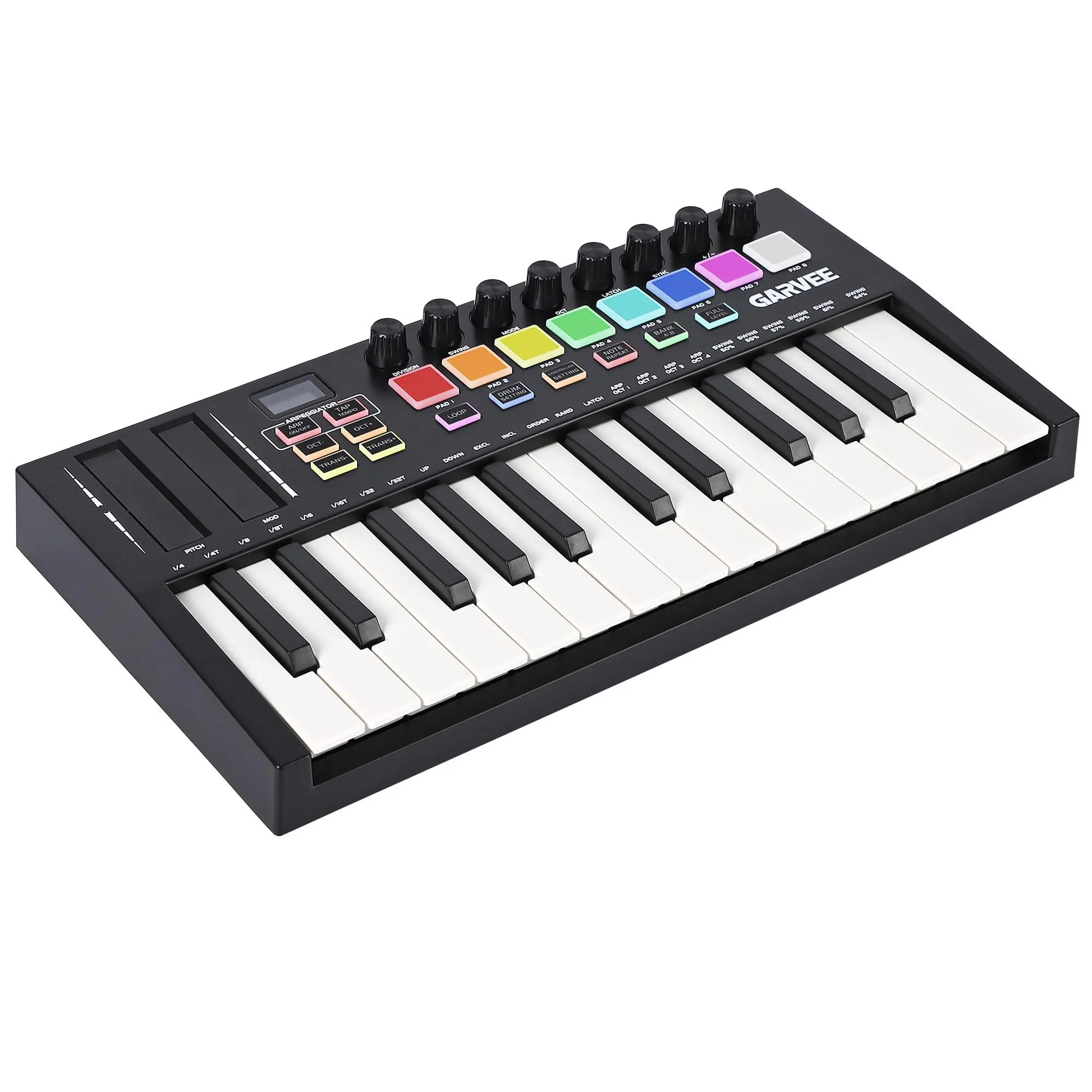 Garvee 25-Key MIDI Keyboard Controller (ABS Plastic, Velocity Sens.) - Compact Portable USB Piano with 8 Drum Pads, 8 Assignable Knobs, OLED Display, OSX 10.7+ Compatibility, Seamless DAW Integration for Music Production