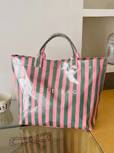 Trendy Striped Waterproof Tote Bag, Large Capacity PVC Transparent Handbag, Casual Shoulder Shopping Bag, Fashionable and Practical, Everyday Bags