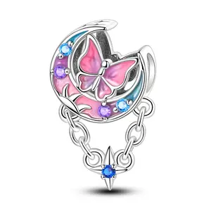 MULA Pink Butterfly and Crescent Moon Charm, 925 Silver-plated with Color Changing Enamel and Cubic Zirconia - Coordinates with Pandora Bracelets and Necklaces, Ideal Gift for Girls, Teens and Women