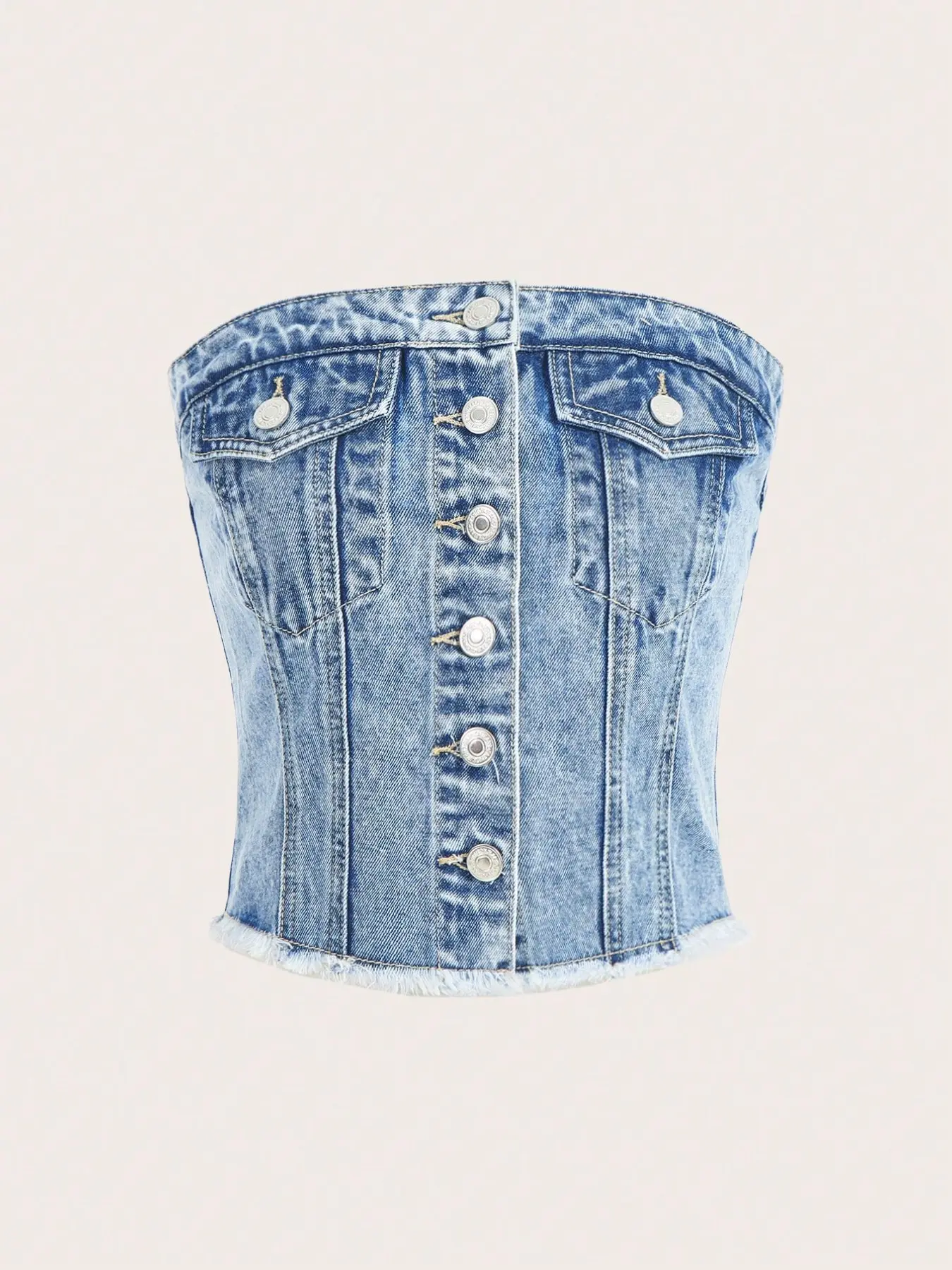 Summer Essential Denim Light Wash Strapless Top, Casual Chic Frayed Fitted Top for Women, Perfect for Hot Days, Fashion Womenswear, Casual Beach Tank