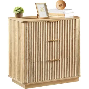 3-Drawer Nightstand & Side Storage Table with Wave Fluted Panel Design, Wood Storage Cabinet, Wooden Bedside End Table for Bedroom, Living Room, Offices,Light Brown, modern bedside