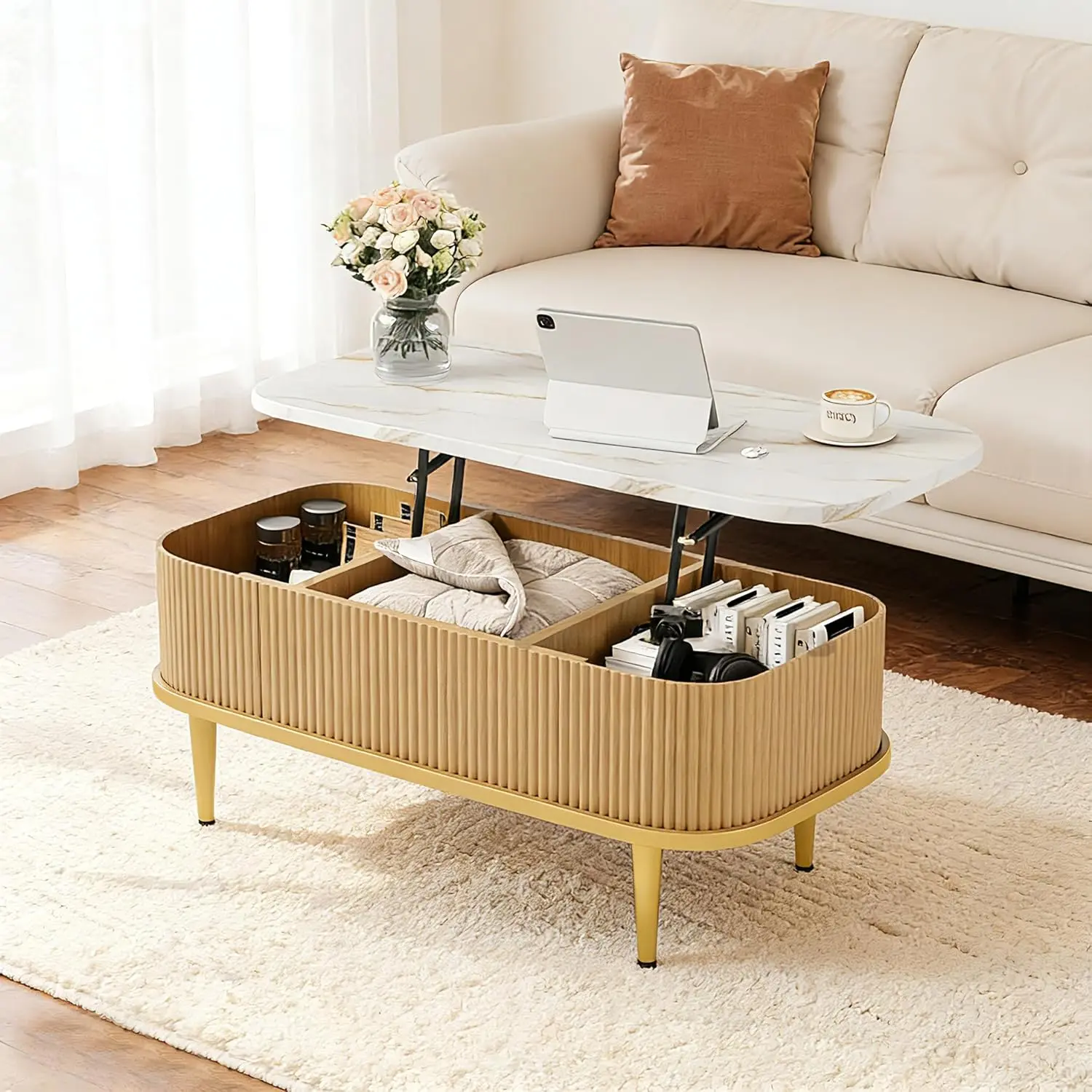 Modern Natural Oak Wood Fluted Edge Foldable Lift-Top Coffee Table with Faux Marble Tabletop, Legged Base, Hidden Storage, Living Room Centerpiece, Home Use, Modern Furniture