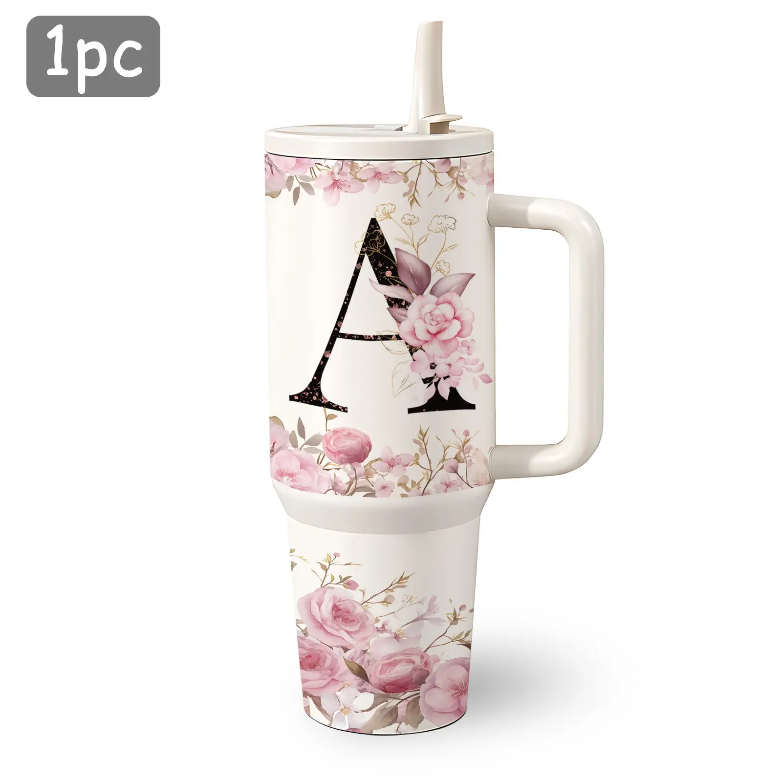 1 Pc 40-Oz Multicolor A-Z Letter Design Double-Wall Insulated Drink Tumbler, with Lid and Straw, Keeps Hot 12H & Cold 24H, Stainless Steel Outdoor Cup, for Home Kitchen or Office Use