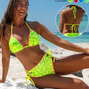 Popvil Halter Lace-up Leopard Triangle Bikini Set,Tummy Control High Waisted Neon Swimsuit for Women, Neon Bathing Suit,dealsforyoudays