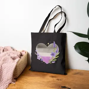 Asexual Pride Heart Tote Bag - Lavender, Violet & Floral Flag Design - Soft Cottagecore Ace Identity Gift - LGBTQ Canvas Bag USA Made
