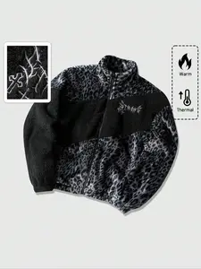 Y2K Street Style Fleece Jacket, Unisex Colorblock, Embroidered/patchwork Logo, Oversized Lamb Fur Zipper Coat, Warm Soft Outerwear