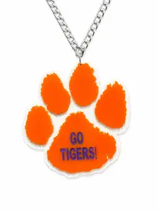 Clemson Tigers Acrylic Paw Chain Necklace, "Go Tigers" Football Fan Pendant, Costume Jewelry Fashion Accessory