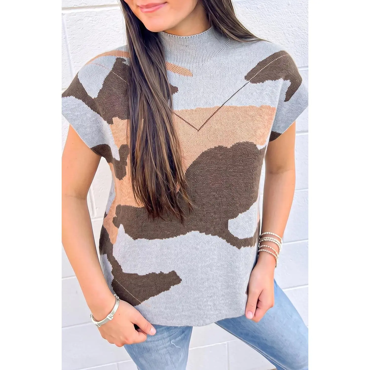 Camouflage Pattern Drop Shoulder High Neck Short Sleeve Shift Sweater