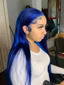 Dark blue long straight wig with lace front, 13x4 cm, synthetic lace front wig, pre-exposed hairline, heat-resistant synthetic fiber, suitable for cosplay, 28 inches.