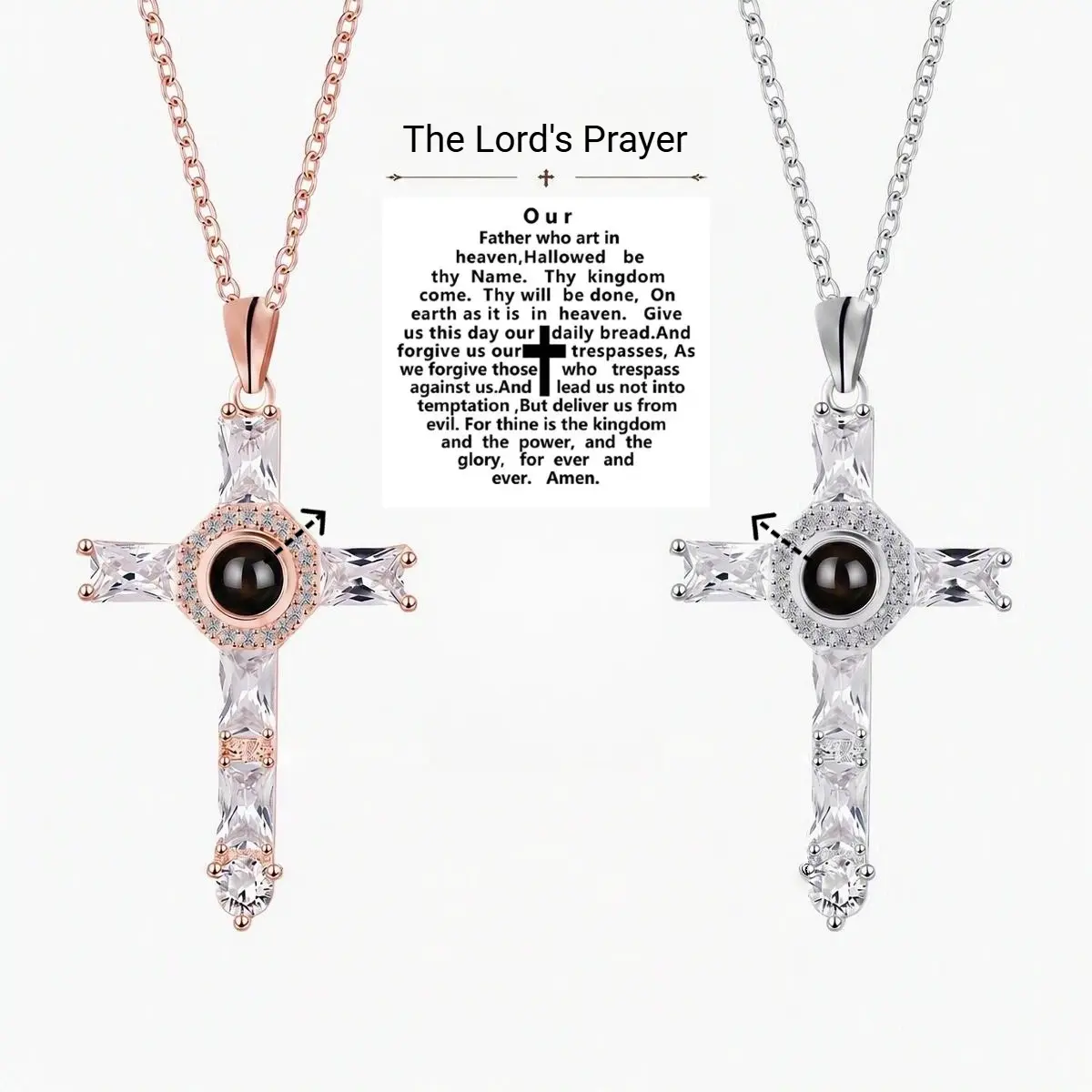 Lord's Prayer Cross Necklace for Women - Projection Bible Verse Pendant, Cubic Zirconia Stones, Rose Gold Silver Long Chain, Christian Faith Gift