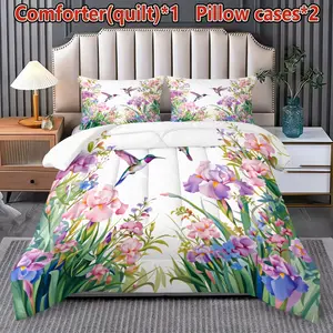 3 PCS Hummingbird Print Quilt Set (1 quilt + 2 pillowcases, without pillow core), quilt filling 200gsm, using U-shaped quilting technique, suitable for bedroom, dormitory and home decoration, multiple size options