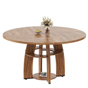 Modern Walnut Round Dining Table 47" for 4-6, Wood Tabletop, Storage Shelf, Adjustable Leveling Feet, Space-Saving, Easy Assembly & Cleaning, Ideal for Kitchen or Dining Room, Walnut Wood