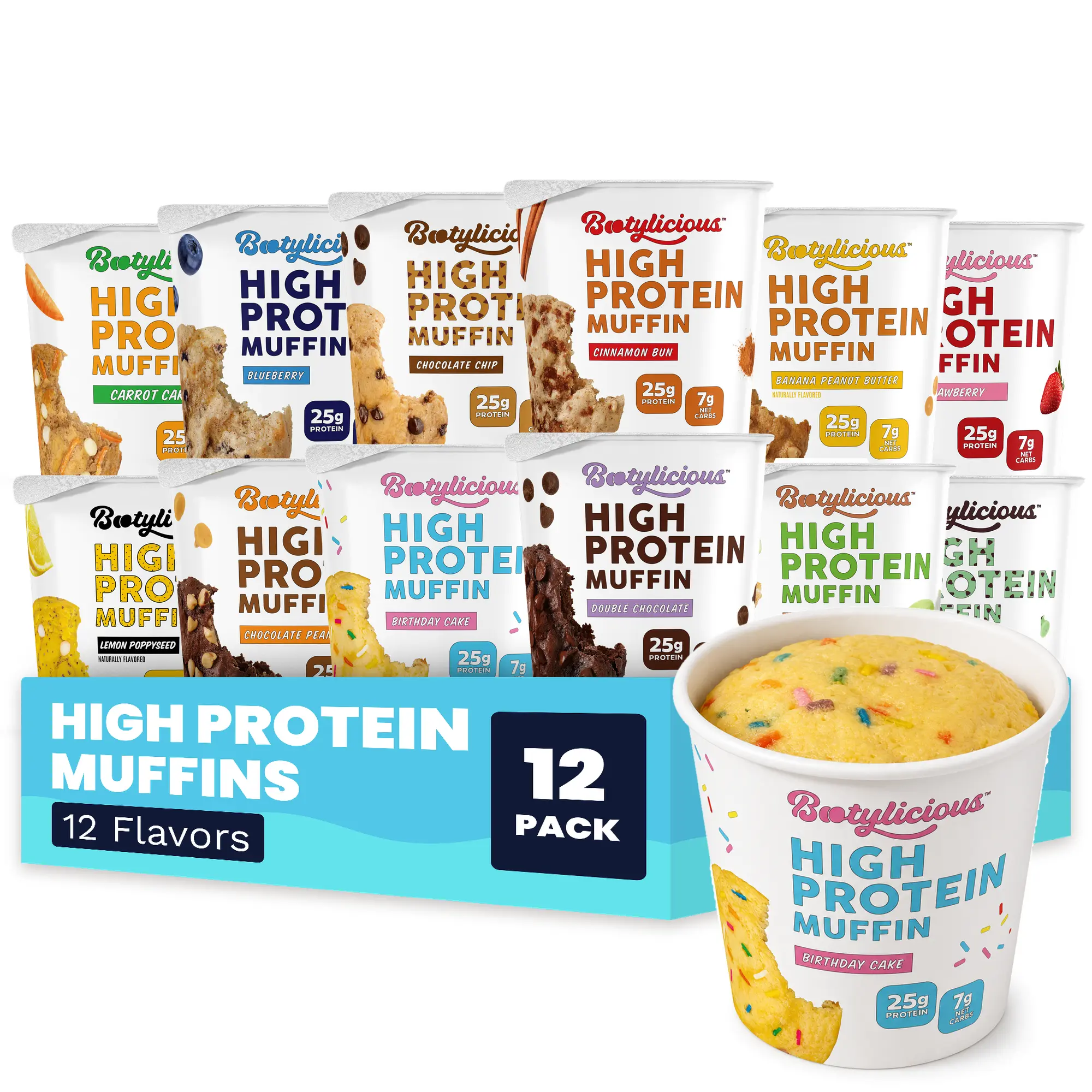 Bootylicious High Protein Muffins, Variety 12 Pack, 25g Protein, 7g Net Carbs Baking, High Protein Snack, Protein Treats