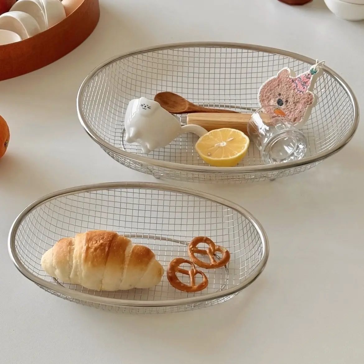 Stainless Steel Elliptical Basket, Fruit Bowl, Snack Tray, Storage Basket, Kitchen Basket, Durable Mesh Design, Versatile Use for Home & Office