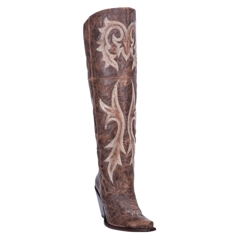 DP3709 Dan Post Jilted Ladies Western Tall Leather Snip Toe Boot- Distressed Brown