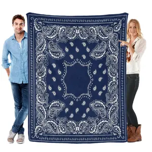 Blue Paisley Bandana Blanket Vintage Western Style Throw Soft Cozy Fleece Blanket Boho Cowboy Bedroom Decor Warm Plush Blanket for Couch Sofa Bed Home Gift for Teens Adults