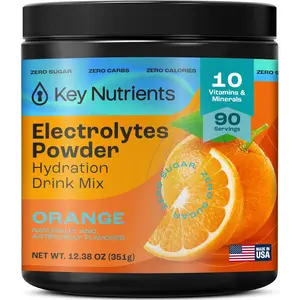 KEY NUTRIENTS Multivitamin Electrolytes Powder No Sugar - Tangy Orange Electrolyte Powder - Endurance & Energy Supplement - Hydration Powder - No Calories - 90 Servings - Made in USA