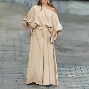 2025 Women’s Skew Neck Lantern Sleeve Top and Wide-Leg Pants Set for an Elegant Church Outfit
