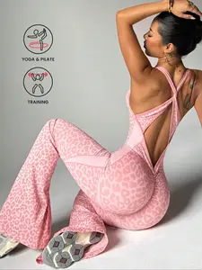 Women's Seamless Leopard Print Tank Jumpsuit, Back Cross Buckle High Waist Butt Lifting Jumpsuit, Ideal for Running Outdoor Yoga Workout, Sportswear, Sporty Comfy Jumpsuit