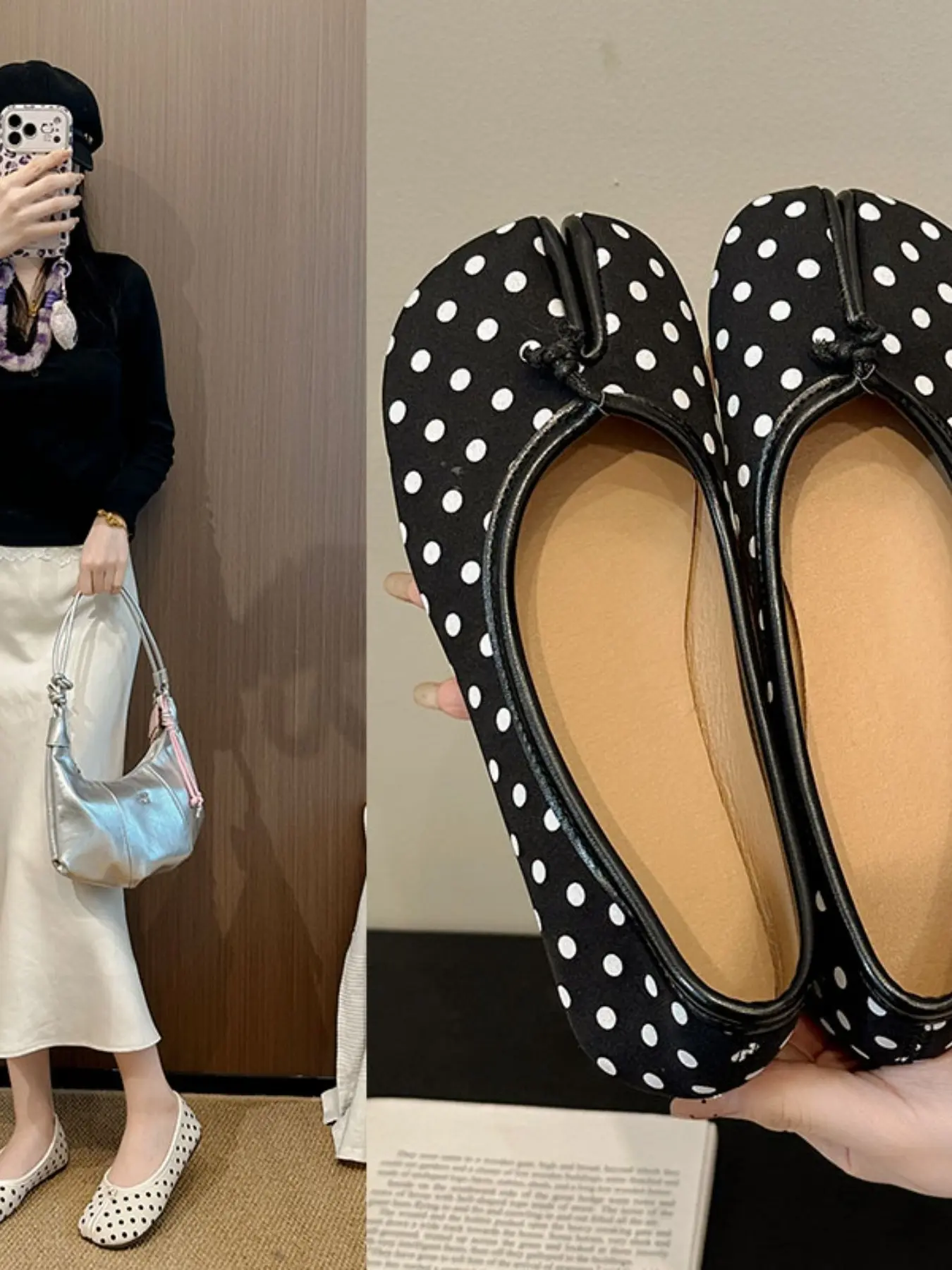 Tabi Toe Shoes for Women, Satin Low Heel Polka Dot Single Shoe, New Thick Heel Pig Foot Mary Jane Ballet Shoes, All Seasons Casual Style, Walking Shoes, Fashion Casual Shoes, Footwear