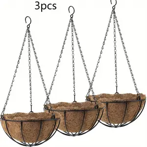 Rust-proof metal chains and 8inch coconut mats, hanging flower pot basket set (3 pieces) is perfect for indoor and outdoor garden, porch and balcony decoration garden tool set. Can be used as an outdoor garden birdhouse