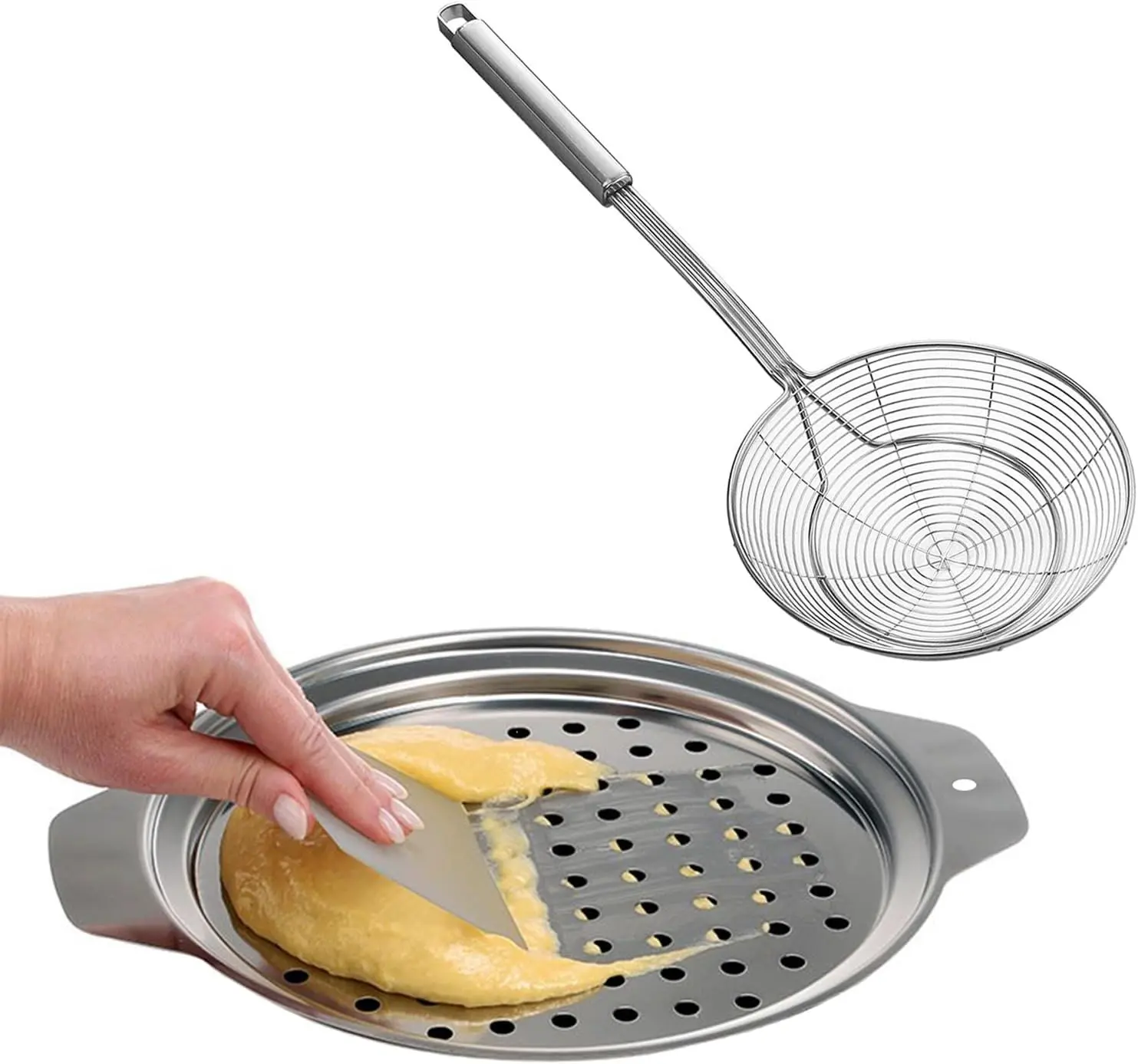 Stainless Steel Spaetzle Maker Lid with Scraper, Spider Strainer Skimmer Pasta Spoon, Traditional German Egg Noodle Maker Set for Pan Pot Spaghetti Strainer