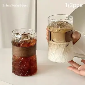 Glacier Textured Borosilicate Glass Tumbler with Wooden Sleeve, Drinkware, Heat Insulated Coffee Cup, Food Grade BPA Free, Easy Clean, Dishwasher Safe for Iced Coffee Whiskey Glasses, Home Office Bar Daily Use, Housewarming Birthday Gift for Coffee Lovers