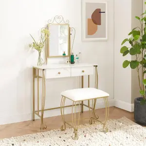 Vanity Mirror Table Set, Makeup Desk Vanity with Stool, Vintage Bedroom Vanity Lots Storage Dressing Table White for Women and Girls -W2167P143383