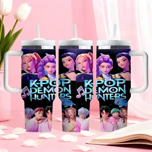 1pc 40oz Christmas-themed water bottle, cartoon print, portable insulated stainless steel straw mug with handle, car mug, outdoor mug, travel mug - Christmas and Valentine's Day gift, back-to-school gift (straw inside the mug)