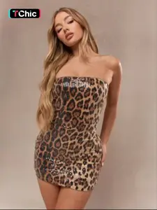 Women's Leopard Pattern Sequins Tube Dress, Sequin Bodycon Dress, Elegant Fashion Strapless Short Dress for Party Club Dating Wear, Women Dress for Summer, Evening Party Dresses, Date Night Dresses, Womenswear