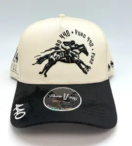 Puro 440 Quarter Mile Classic Snapback Hat with Embroidered Horse Jockey Graphic Cream Crown Black Brim Adjustable Closure
