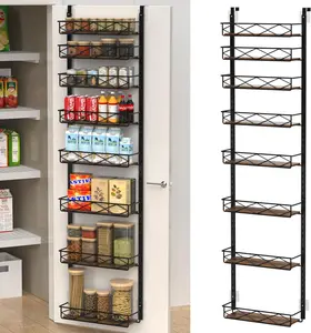 Over The Door Pantry Organizer, 8-Tier Wood & Metal Over The Door Organizer with Adjustable Basket, Hanging Spice Rack, Door Organization and Storage for Kitchen Pantry Door Cabinet, Black White Steel Room
