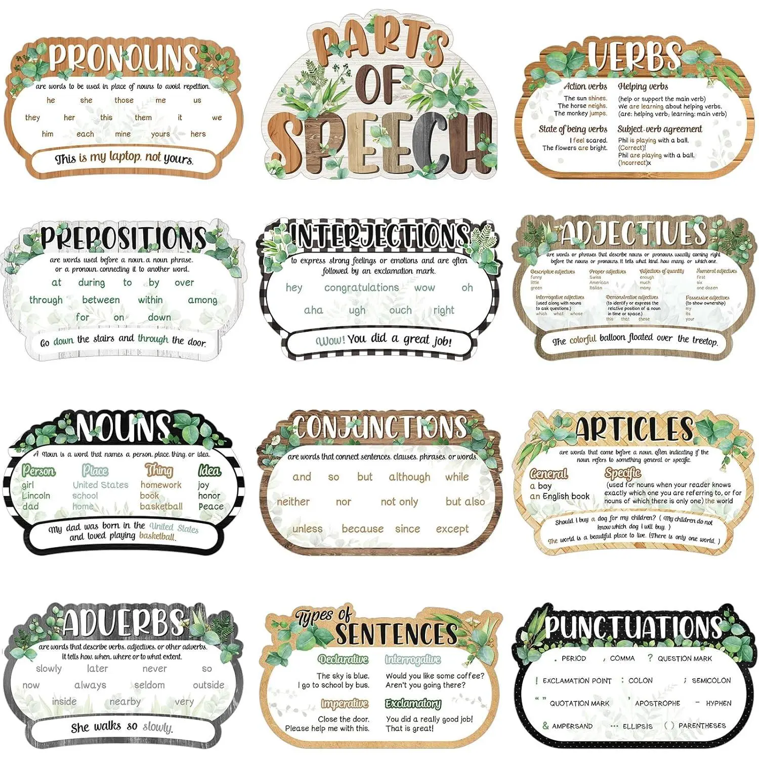 12 count Parts of Speech Posters English Grammar Chart Language Art Bulletin Board Decor for Elementary Middle High School Teacher Educational Classroom Decoration Supplies (Eucalyptus)