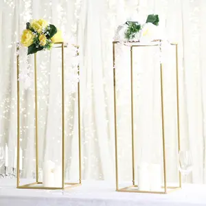 2-Pack Rectangular Gold Metal Wedding Flower Stand 32" Geometric Column Frame - Sleek Pedestal for Sophisticated Floral Arrangements