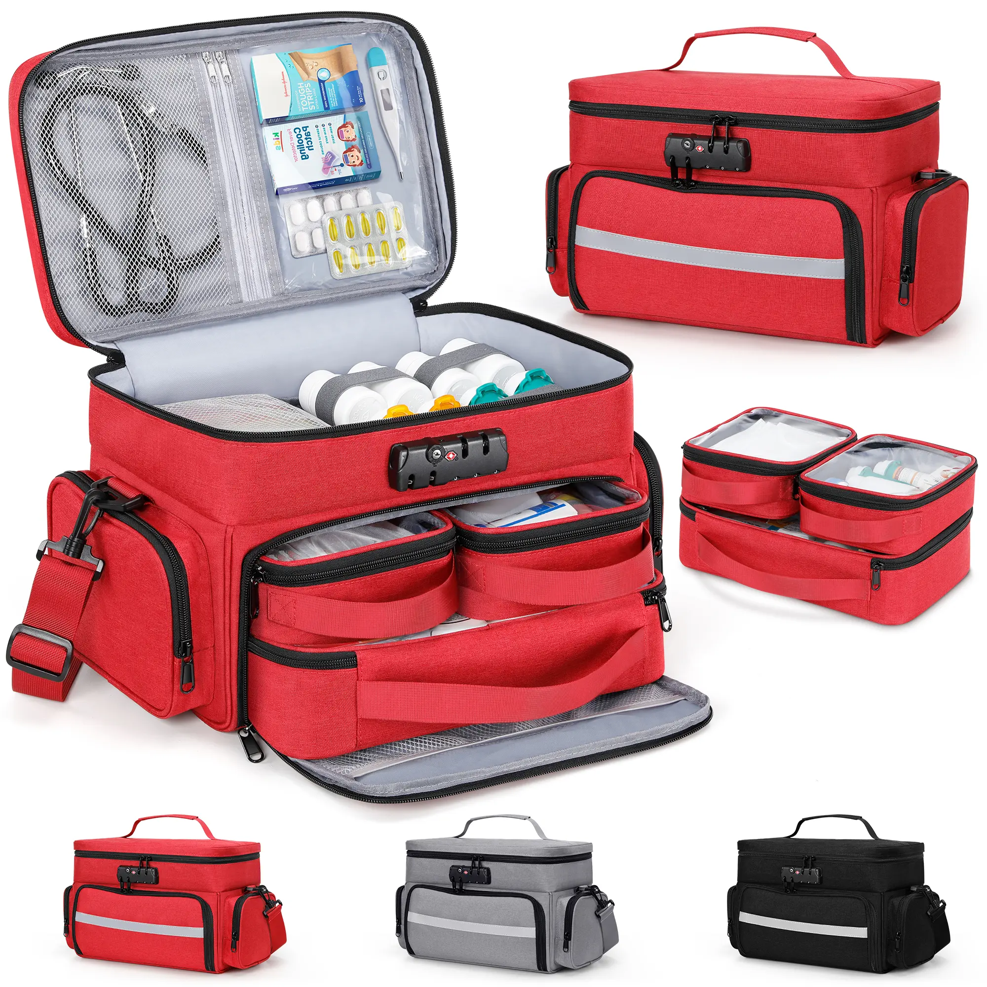 Zannaki Medicine Bag with 3 Removable Pouches, First Aid Bags Empty with Combination Lock, Double Layers Pill Bottle Organizer with Shoulder Strap, Large Medication Travel Storage for Medical Supplies