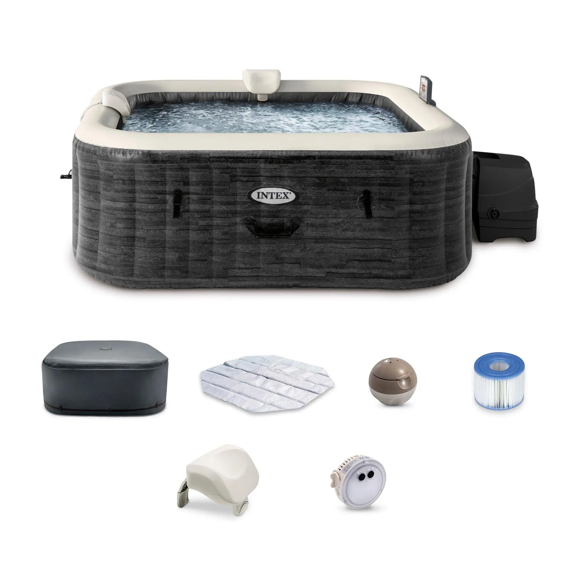 Intex PureSpa Plus Greystone 4 Person Inflatable Square Hot Tub Spa, 69 x 28"