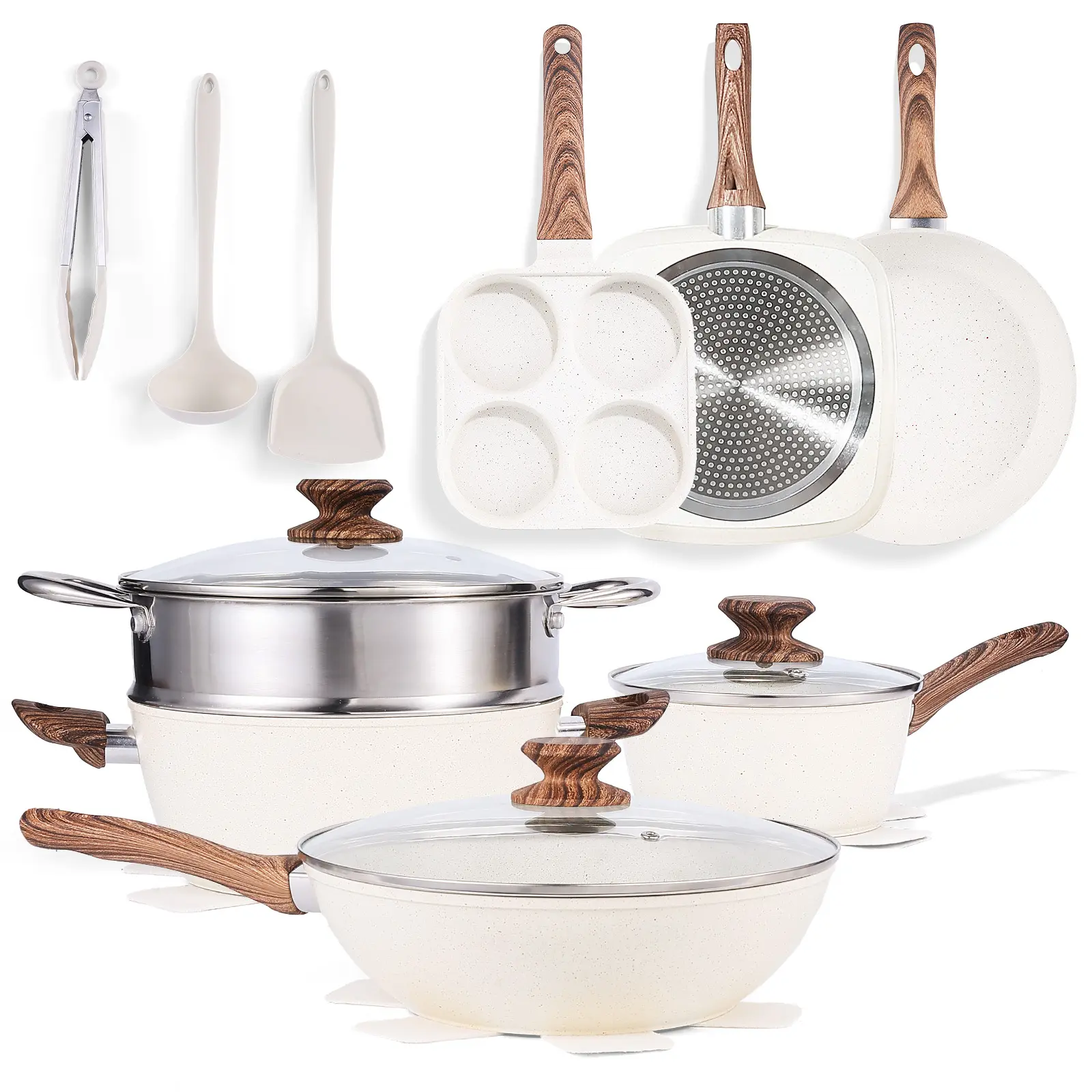 17-Piece Aluminum Nonstick Cookware Set with Wooden Handles - Frying Pan, Stew Pot, Steamer, Easy to Clean, Hand-Wash Recommended, Induction Compatible, Oven Safe, High-Temperature Resistant, Everyday Healthy Cooking, Non-Stick Layer