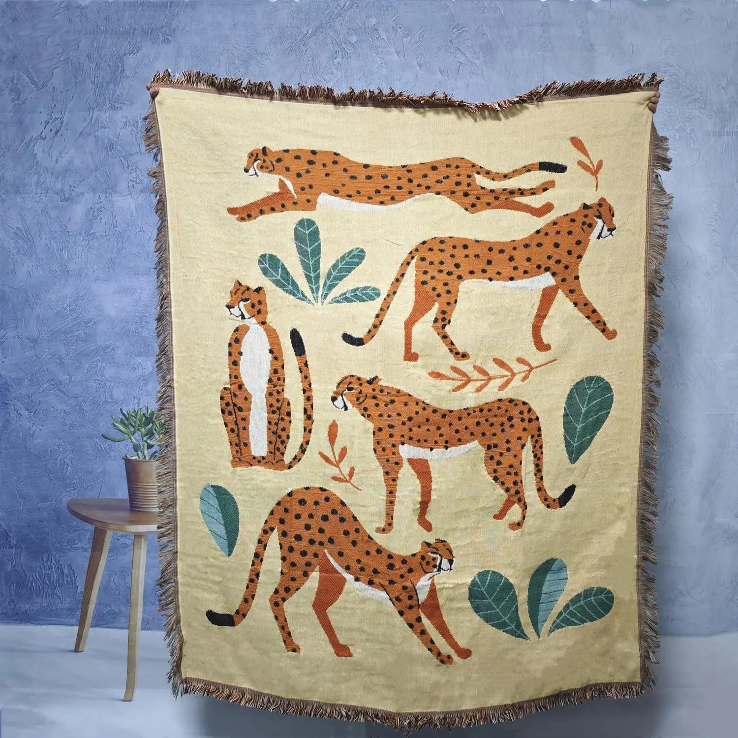 Cheetah Pattern Tassel Decor Cozy Throw Blanket, Boho Style Woven Blanket with Tassel, Soft Warm Napping Blanket for Home Sofa Bed Office