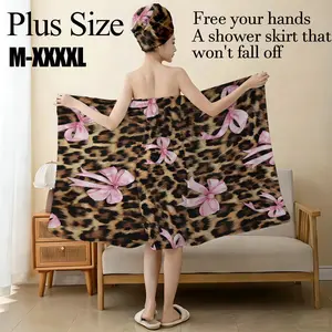 Leopard Print Bow Bathrobe Set with Matching Hairband, Plus Size Xxxxl, Non-Slip Shower Wrap, Valentine's Day, Daily Use, Spa, Home