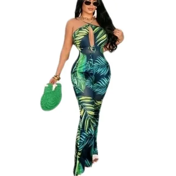 Women's Tropical Plant Print Sleeveless Halter Neck Jumpsuit for Beach and Vacation in Summer - Womenswear