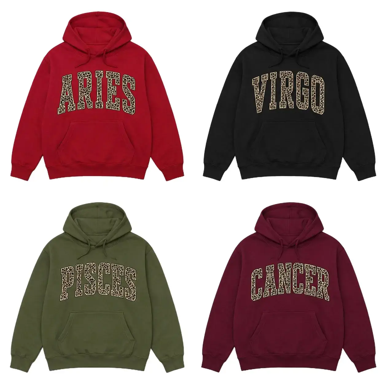 [LEAVE A NOTE OR NOT EST] Full 12 Zodiac Leopard Print Hoodie – Minimalist Astrology Sign Pullover with Optional EST Birth Year, Unisex Horoscope Streetwear Gift for Aries, Virgo, Pisces & Cancer Lovers