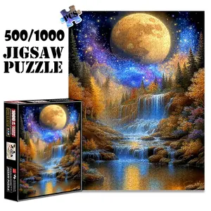 1pc 1000 piece adult puzzle 70x50cm Full Moon, Starry Sky, Waterfall and Forest Landscape500 pieces paper jigsaw puzzle suitable for DIY creative games for adults and families, birthday and holiday