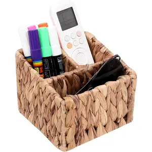 Remote Control Holder Wicker Desk Organizer Divided Storage Basket,Hand Woven  Storage Box with 3 Compartments,Water Hyacinth Remote Control Basket for Desktop Organizing