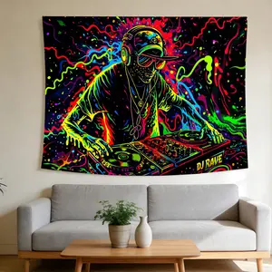 DJ Rave Psychedelic Nightglow Tapestry - UV Blacklight Wall Hanging Neon Glow Trippy Psychedelic Style Suitable for Home Decor Valentine's Day Easter St.Patrick's Day Halloween Christmas and Other Festival Decorations.