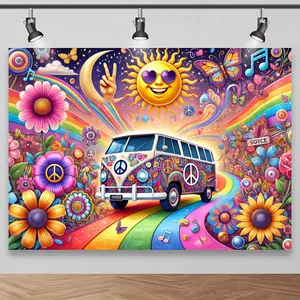 Vibrant Psychedelic Hippie Van & Rainbow Photography Backdrop Decorations – Retro 70s Theme with Colorful Flowers, Peace Symbols & Whimsical Designs – Perfect for Studio Shoots, Adds Joyful Atmosphere to Pho Party Decoration Supplies