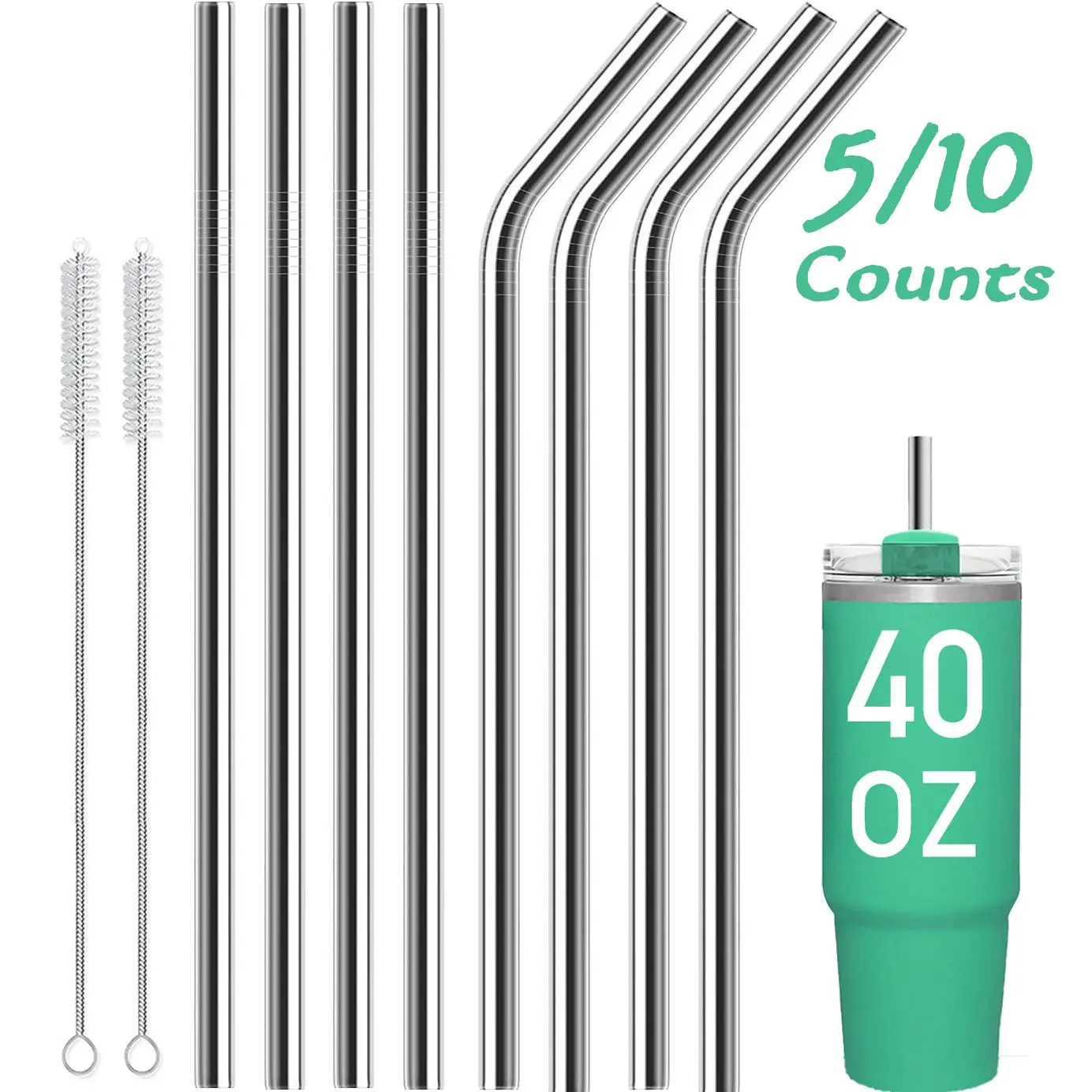 Stainless Steel Straw & Cleaning Brush Set, 5/10pcs/set  Reusable Durable Extra Long Metal Straw & Brush Set, Bar Utensils Beverage Utensil Drinking Gadgets for Home Kitchen Party